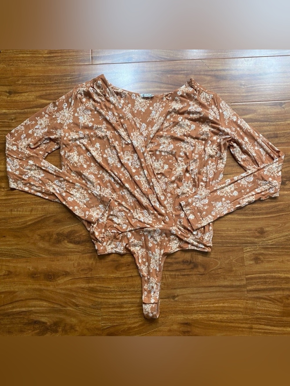 Free People Womens Pumpkin Floral Faux Wrap Long Sleeve Thong Bodysuit Size L